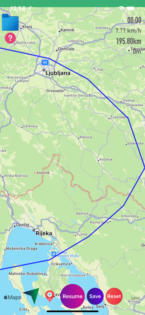 GPX Viewer app interface showing a blue route track on a map with distance and speed statistics
