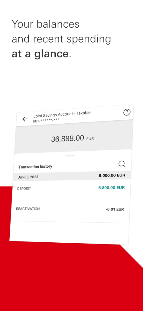 Écran de l'application HSBC Malte affichant le solde du compte d'épargne conjoint et l'historique des transactions