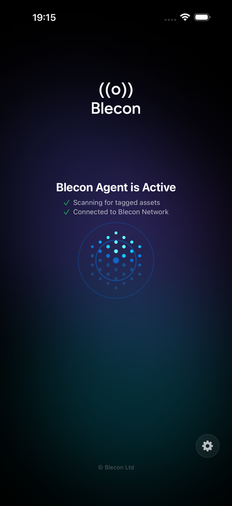Blecon - The Blecon app interface showing the Blecon Agent is active and scanning for tagged assets