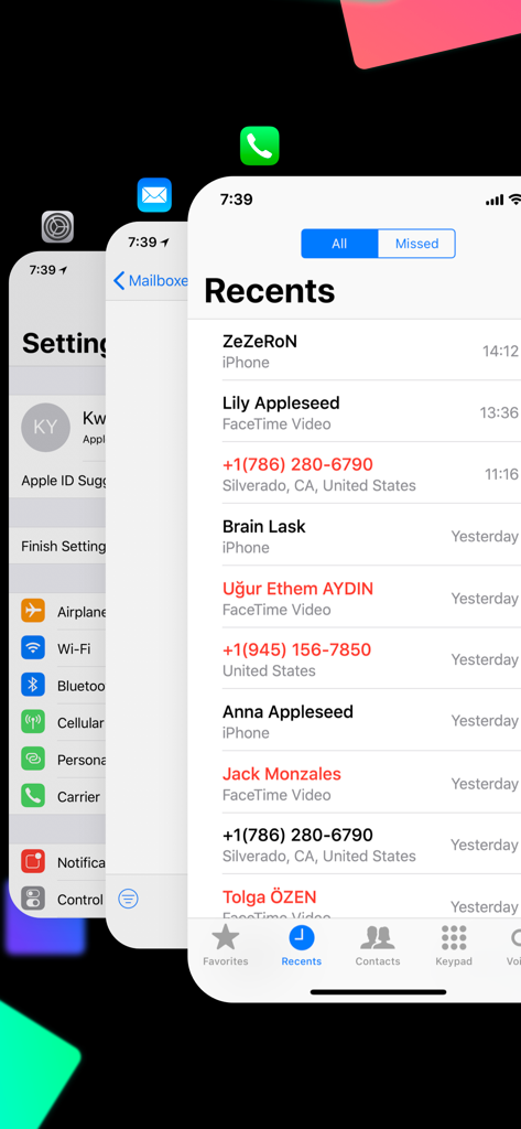 Direct Message for WhatsApp - An iPhone screen displaying a list of recent calls with several unsaved phone numbers highlighted in red