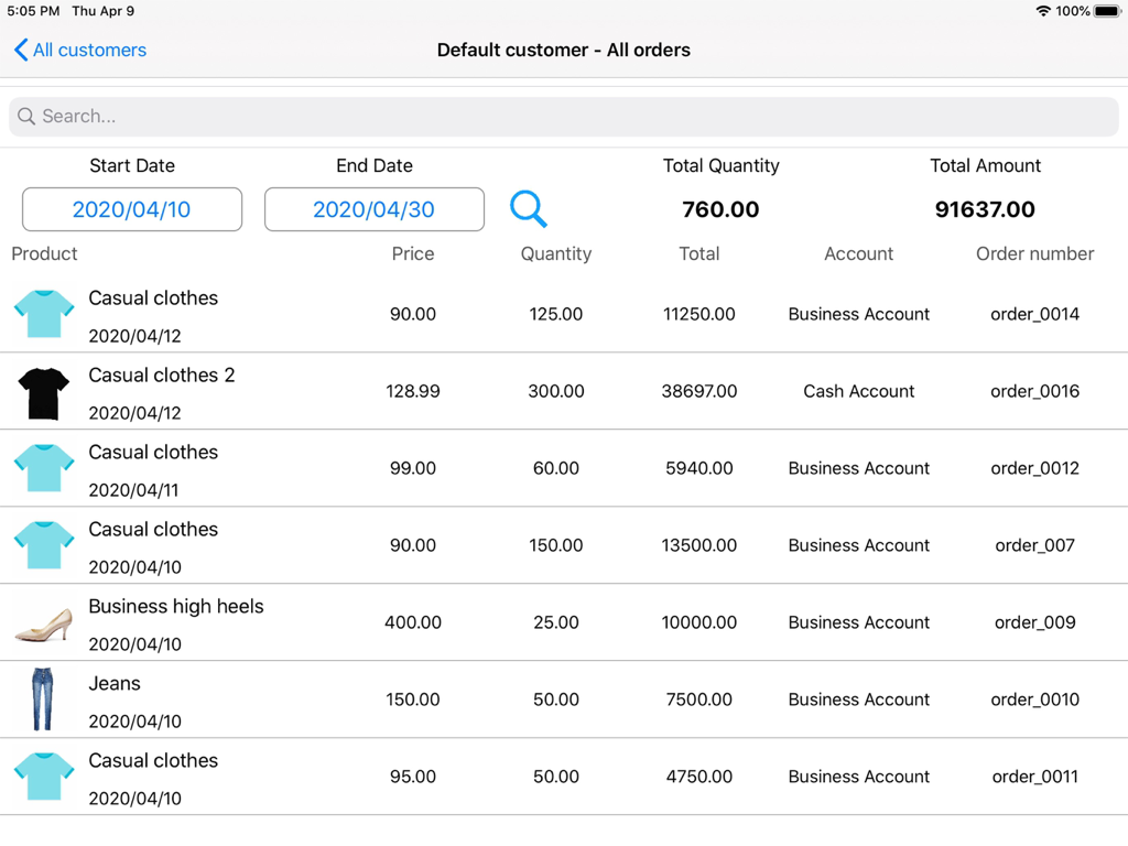 Retail Inventory+Order Manager - Retail Inventory and Order Manager app interface on iPad showing a list of customer orders with product photos, quantities, and total sales.