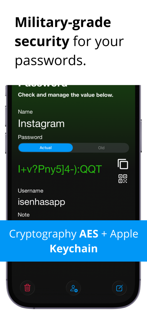 iSenhas - Password Manager - Pantalla de iPhone que muestra una entrada segura de contraseña de Instagram en la aplicación iSenhas, destacando la encriptación AES y la seguridad de Apple Keychain