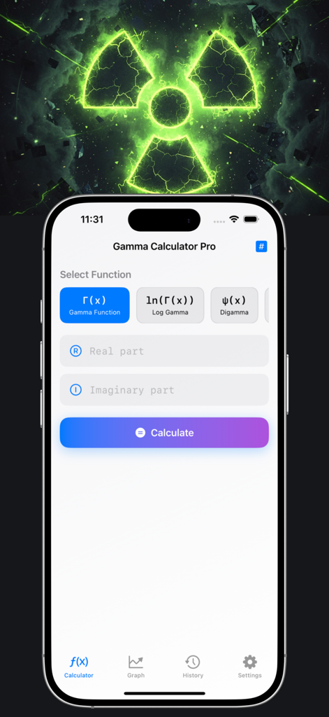 Gamma Calculator - Gamma Calculator Pro app interface with complex number input fields and scientific function selectors