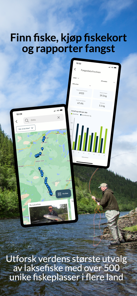 Elveguiden app screens showing fishing map and catch statistics with a fly fisherman on a river background