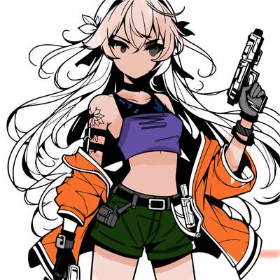 bad girl wearing crop top holding a gun long hair anime