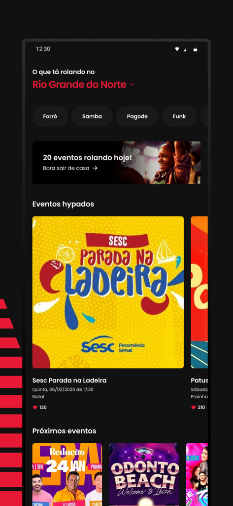 Interface do aplicativo móvel Outgo mostrando descoberta de eventos locais com categorias e cartões de eventos em destaque