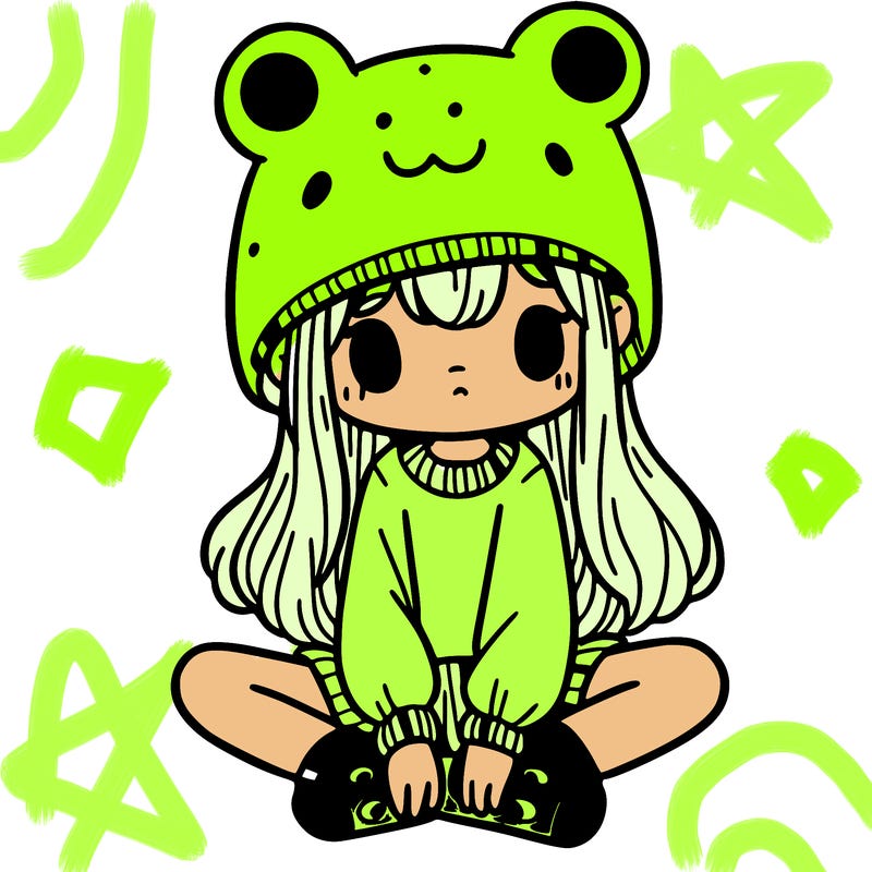 a girl wearing a frog hat and some frog socks