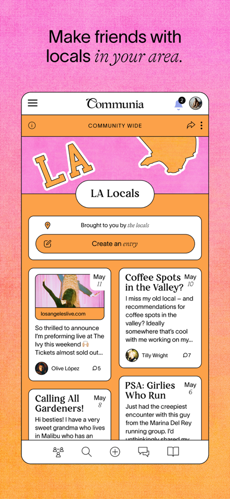 Interface de l'application Communia montrant un fil d'actualité communautaire local pour les femmes de Los Angeles avec divers posts de discussion.