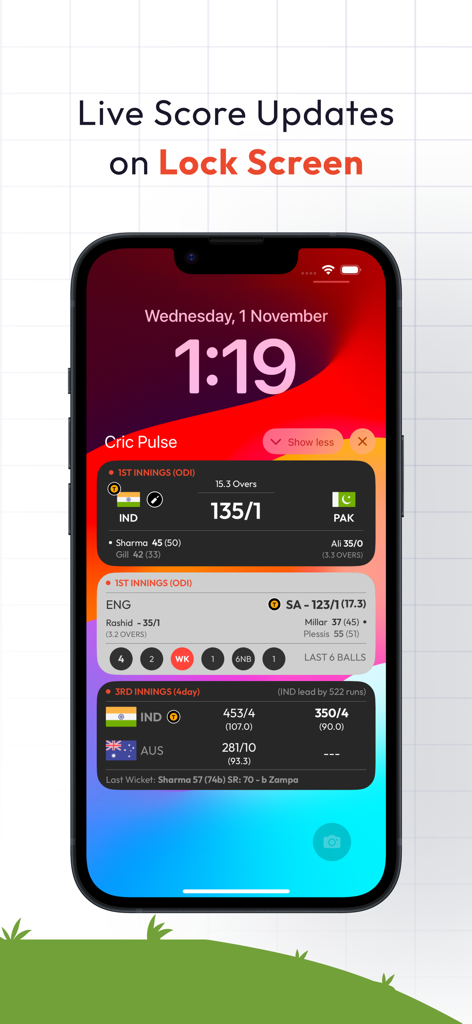 Cricket Pulse - Live Scores - iPhone lock screen displaying live cricket score updates from the Cricket Pulse app