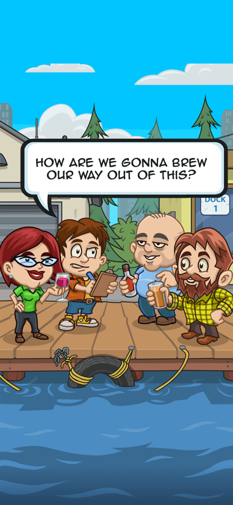 Idle Distiller Tycoon Game - Personajes de dibujos animados en Idle Distiller Tycoon Game en un muelle discutiendo su estrategia de elaboración