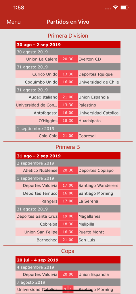 Schedule of live matches for Chilean soccer leagues