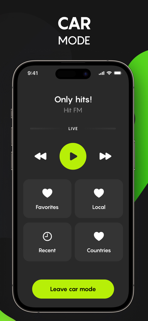 AM FM Radio USA Tuner Live App - AM FM Radio USA app Car Mode screen featuring a simplified interface with large buttons for safe driving and live music playback.