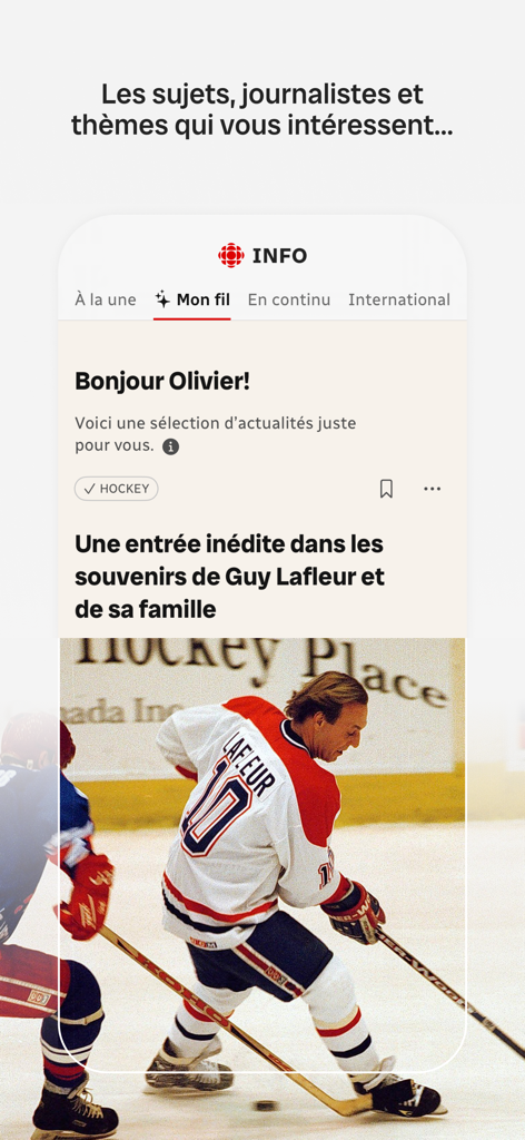 Radio Canada Info app screen showing a personalized news feed with a hockey article about Guy Lafleur