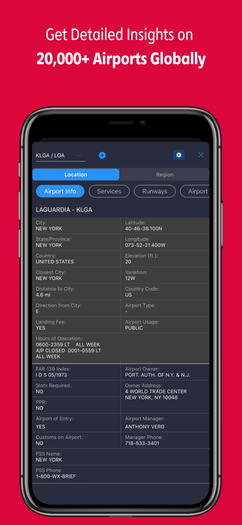 uvGO app screen showing detailed airport information for LaGuardia Airport