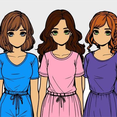 three realistic girls standing up