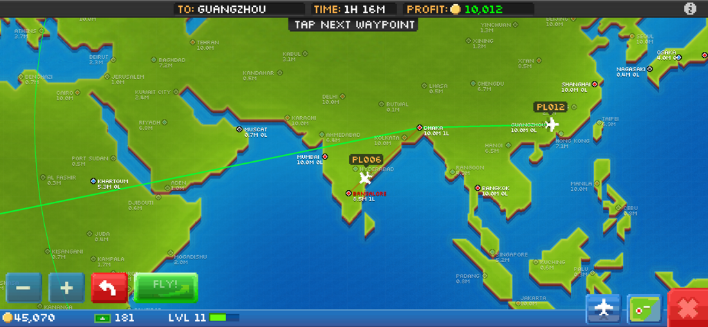 Pocket Planes: Airline Tycoon - A pixel art world map in Pocket Planes showing flight routes and city waypoints across Asia and the Middle East.
