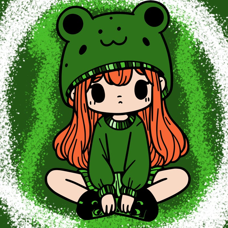 a girl wearing a frog hat and some frog socks