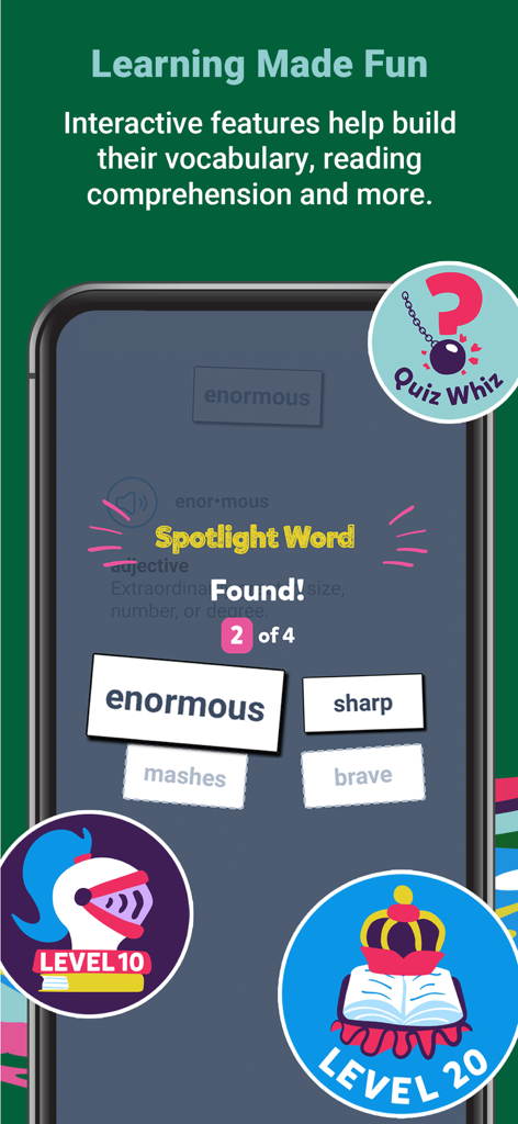 Epic app interface showing interactive vocabulary quiz and achievement levels