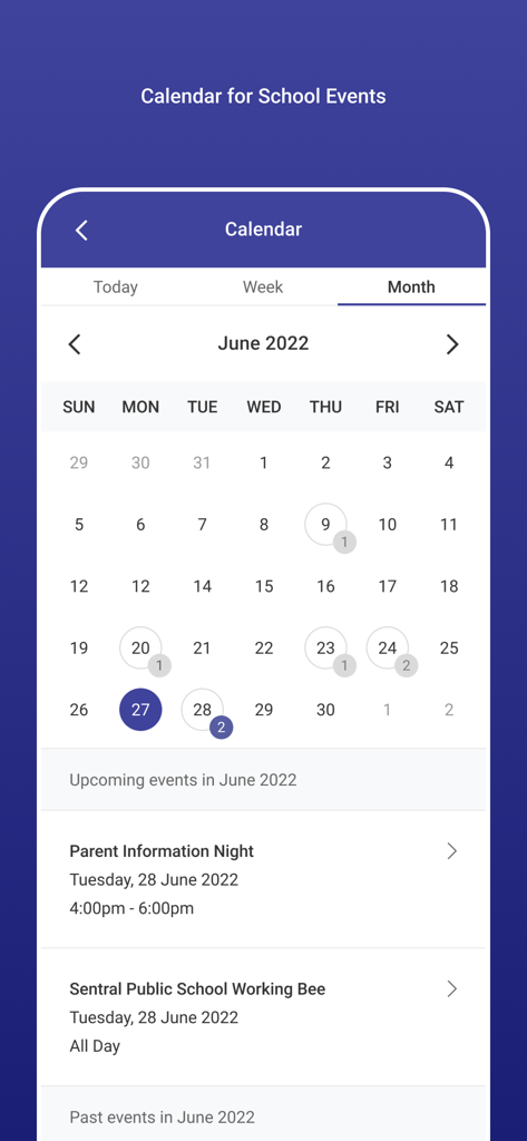 Interface de l'application Sentral for Parents affichant un calendrier des événements scolaires avec les activités à venir.