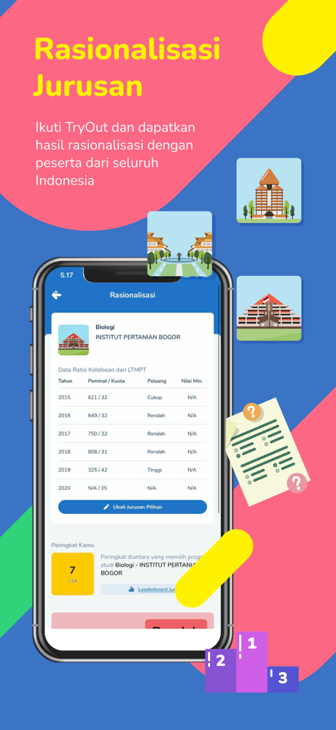 Pahamify app interface showing major selection rationalization and student rankings for Indonesian university exams