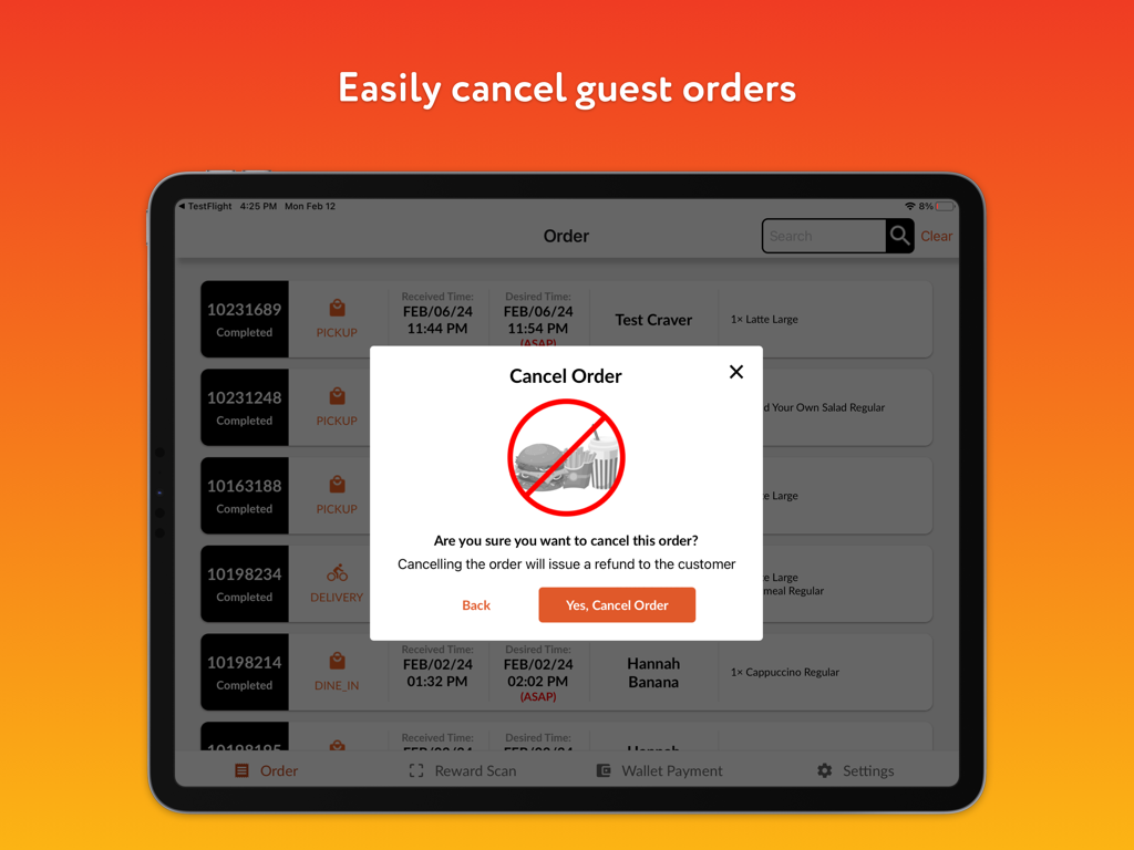 Craver Restaurant - iPad interface showing the cancel order modal in the Craver Restaurant management app
