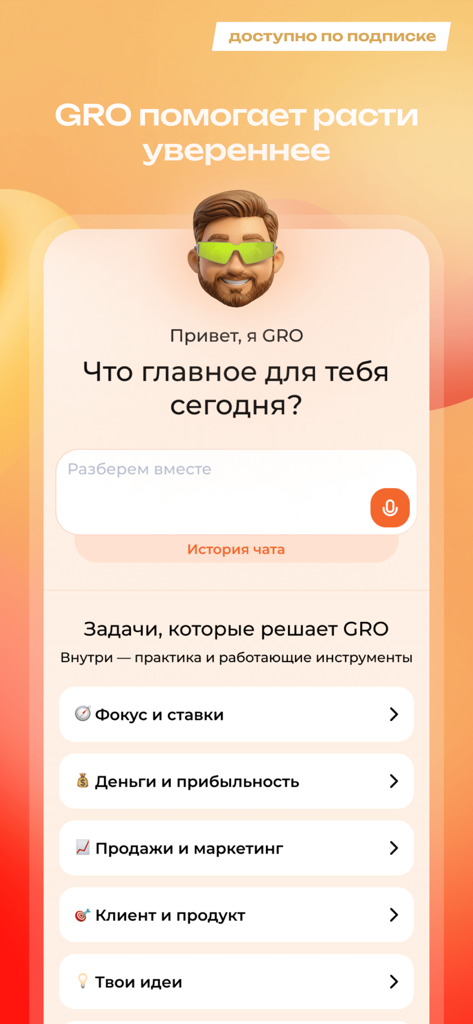 User interface of the GRO app featuring a business growth assistant and categories for focus money and marketing