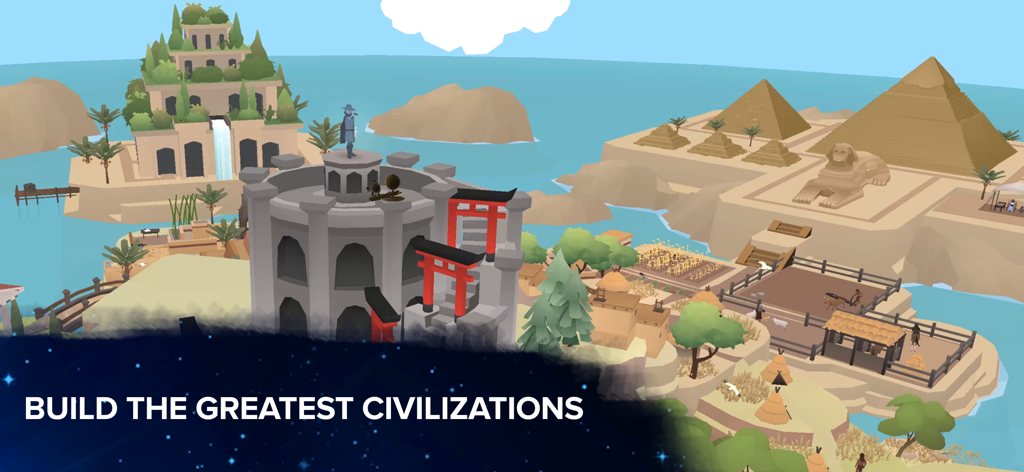 A 3D landscape featuring ancient civilizations like the pyramids and hanging gardens in the Cell to Singularity Evolution game.