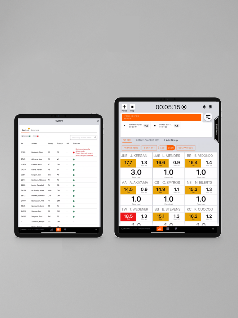 Two iPads displaying the Vector Live app dashboard with real-time athlete performance metrics and device connection status