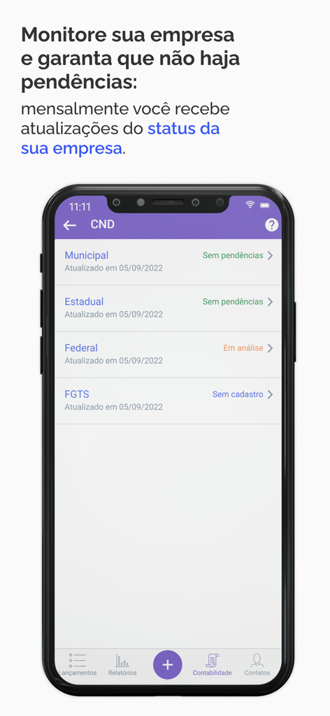 Qipu Contabilidade Abra CNPJ - Interfaz de la aplicación Qipu que muestra el cumplimiento fiscal empresarial y el monitoreo del estado CND