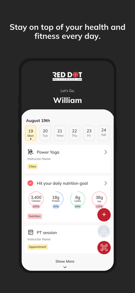Red Dot Fitness - Red Dot Fitness app interface displaying a personalized dashboard with workout schedules, nutrition tracking, and fitness goals.