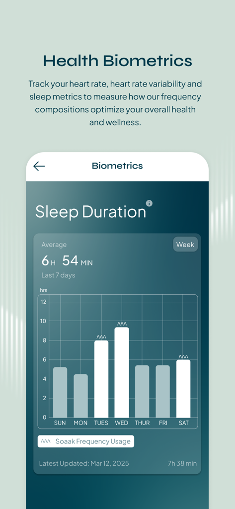 Soaak - Soaak app screen displaying health biometrics and sleep duration tracking over a seven day period.