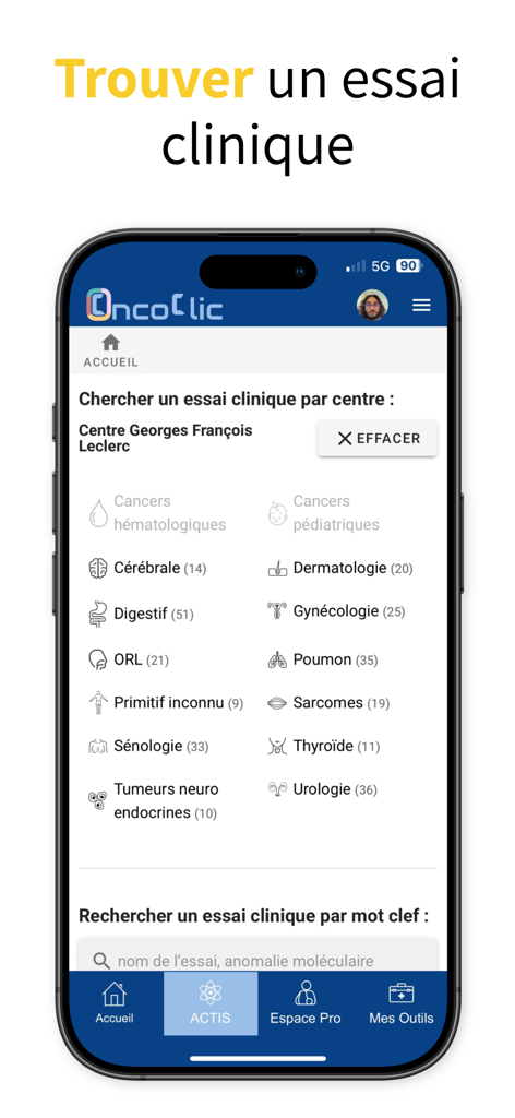 OncoClic mobile app interface for finding clinical trials by medical specialty