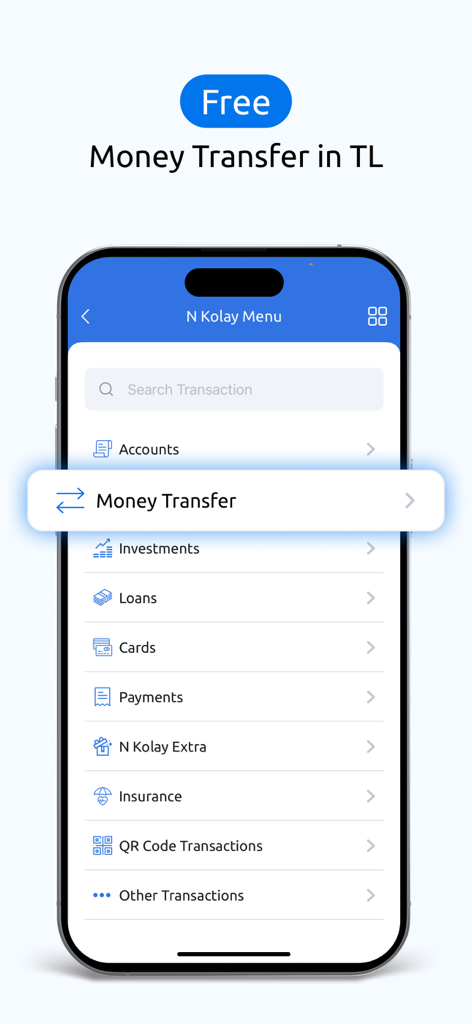 TL로 무료 송금을 강조하는 N Kolay 모바일 앱 메뉴 화면