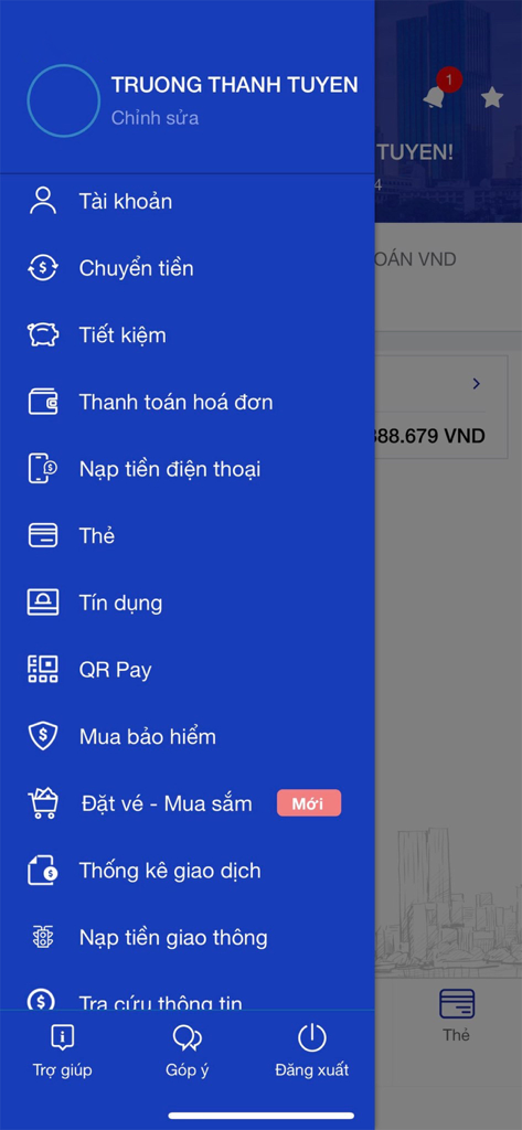 SCB Mobile Banking - Side menu of SCB Mobile Banking app showing various financial services in Vietnamese