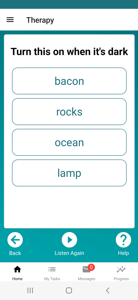 Interface de l'application My Aphasia Coach montrant un exercice de thérapie à choix multiples pour l'association de mots.