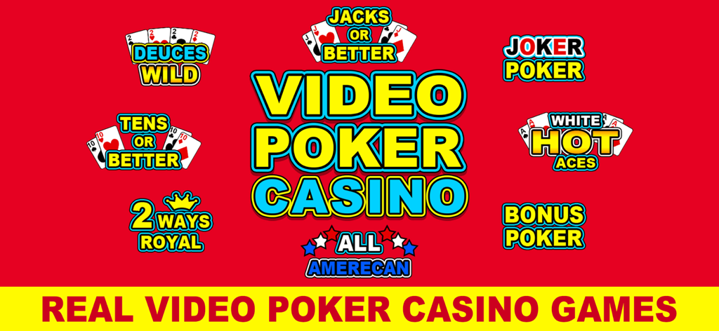 Video Poker - Casino Games - A selection screen of various classic video poker games including Jacks or Better and Deuces Wild on a red background