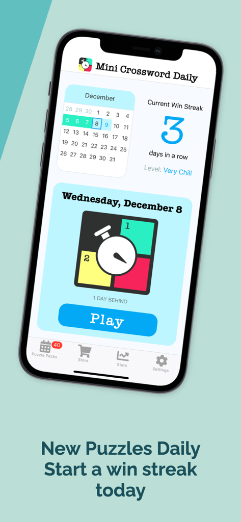 Mini Crossword Daily - Panel de la aplicación Mini Crucigrama Diario que muestra un calendario diario y una racha de tres días de victorias