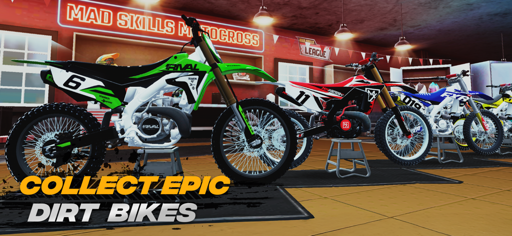Mad Skills Motocross 3 - Eine Sammlung von individuell gestalteten und bunten Dirtbikes in einer Garage in Mad Skills Motocross 3