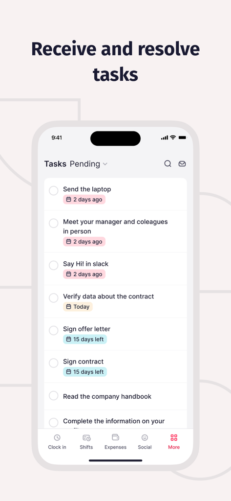 Lista de tareas pendientes de empleados en la aplicación móvil de recursos humanos Factorial