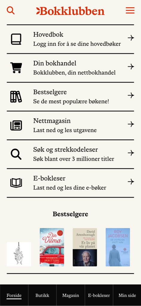Bokklubben - Panel de la aplicación móvil Bokklubben que muestra categorías de menú como los más vendidos y revistas web en noruego.