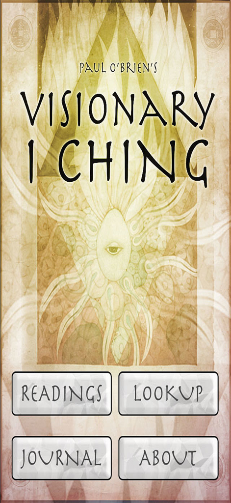 Visionary I Ching Oracle - Visionary I Ching Oracle app home screen with main menu and mystical sun eye artwork