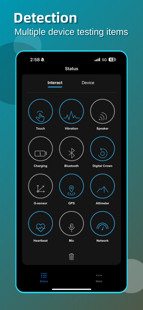 手錶醫生Watch Doctor - Pantalla de detección en la aplicación Watch Doctor mostrando una cuadrícula de pruebas de diagnóstico de hardware que incluyen Táctil, Vibración, Altavoz, Carga y Latido.