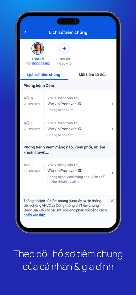 VNVC - A mobile app interface displaying a personal vaccination history profile with specific dates and vaccine names like Prenevar 13.