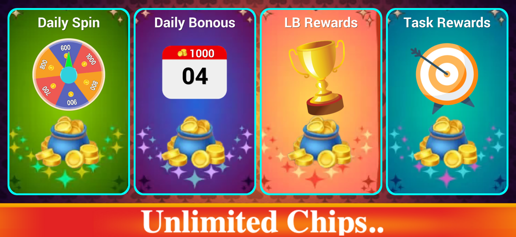 Bhabhi Thulla Online Card Game - Bhabhi Thulla online card game rewards screen featuring daily spin daily bonus and leaderboard chips