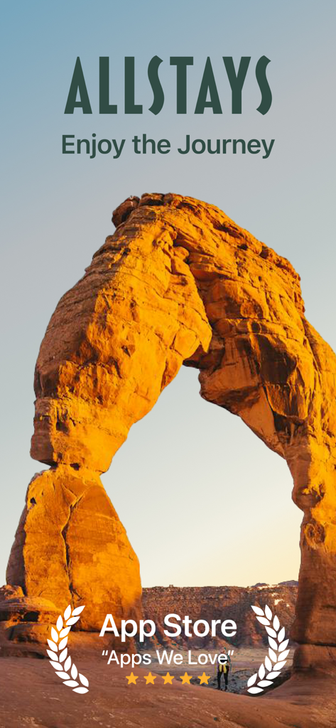 AllStays Camp and RV app screen showing the App Store Apps We Love award over a desert rock arch