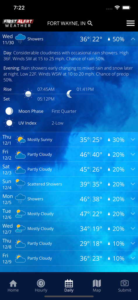 21Alive First Alert Weather - Daily weather forecast for Fort Wayne Indiana showing a ten day outlook on the 21Alive First Alert Weather app