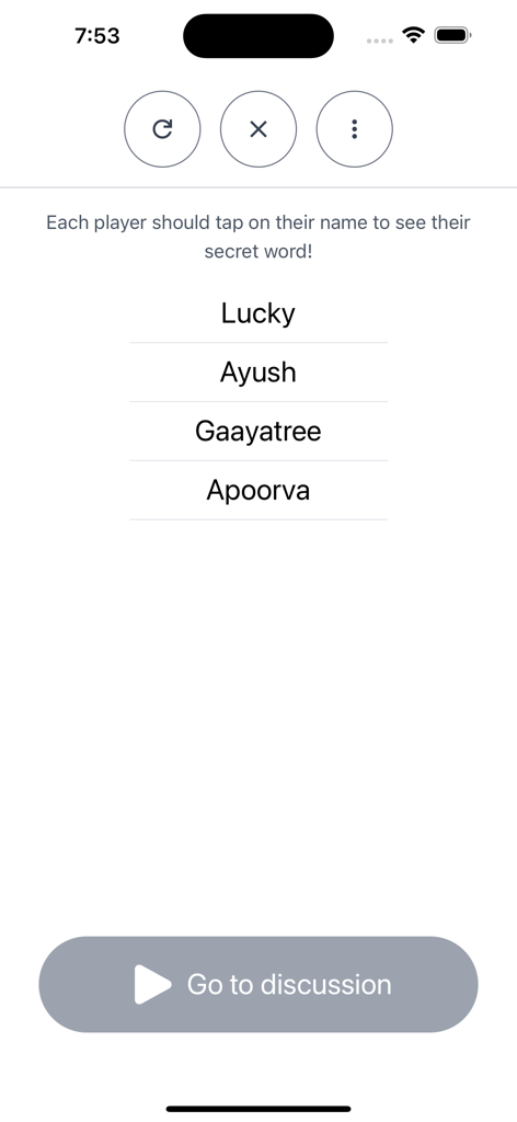 The player name selection screen in the Mr White social deduction game.