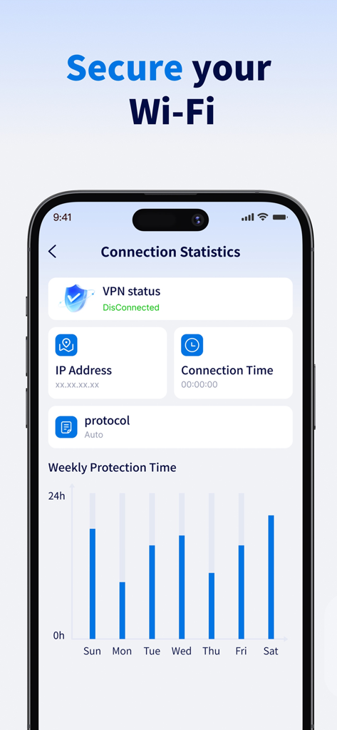 Viva VPN app dashboard showing connection statistics and a weekly protection time bar chart on an iPhone.