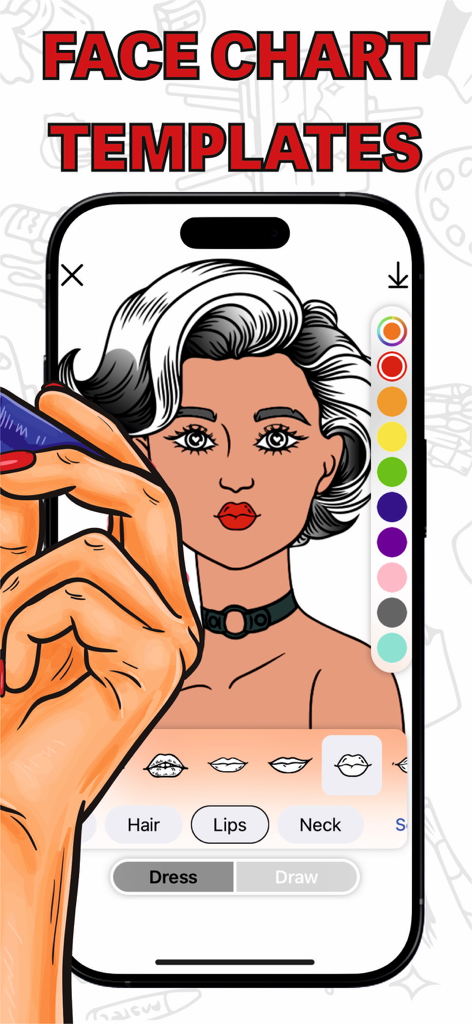 Smartphone mostrando templates de rostos digitais para maquiadores no aplicativo Beauty Stylist