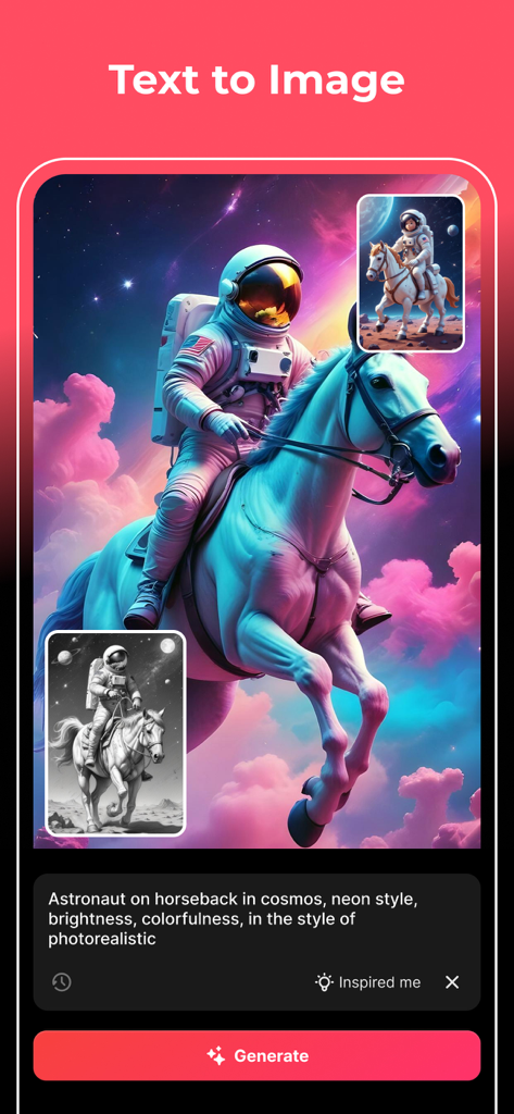 AI image generator interface showing an astronaut on a horse in a colorful space setting